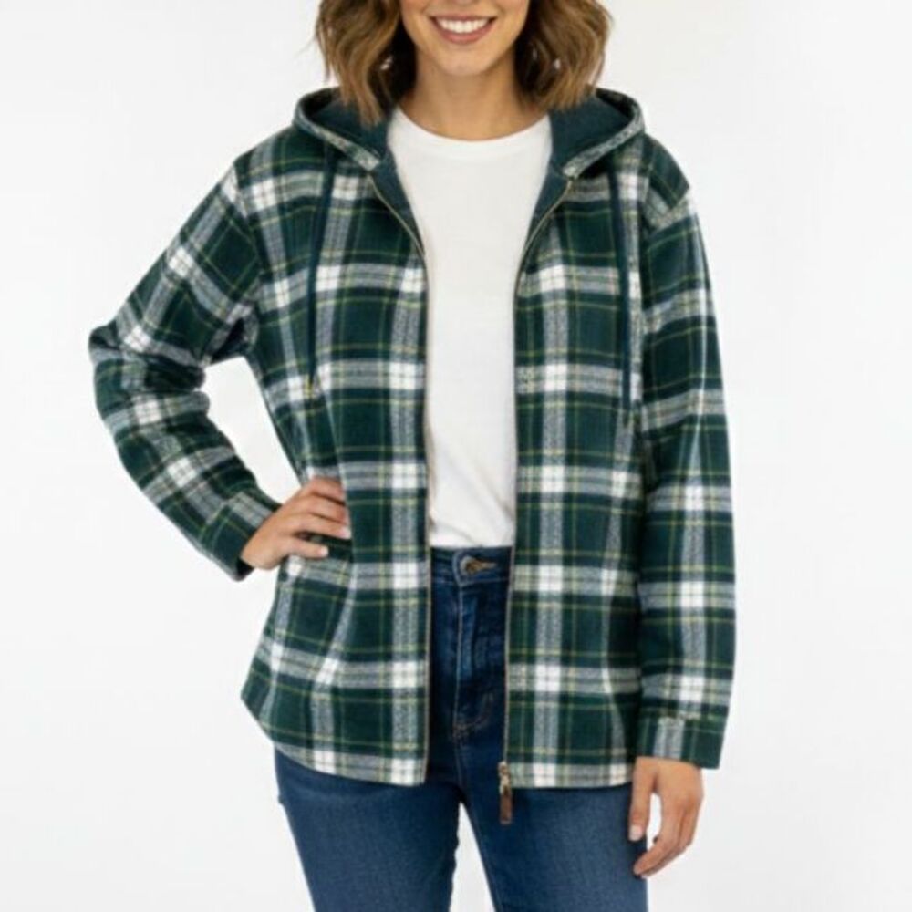 L.L. Bean Womens Navy Green Tartan Plaid Flannel Full Zip Hooded Jacket Size LP